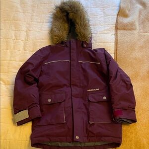 Didriksons Kids Burgundy Winter Jacket with Faux Fur Trim Hood size 8
